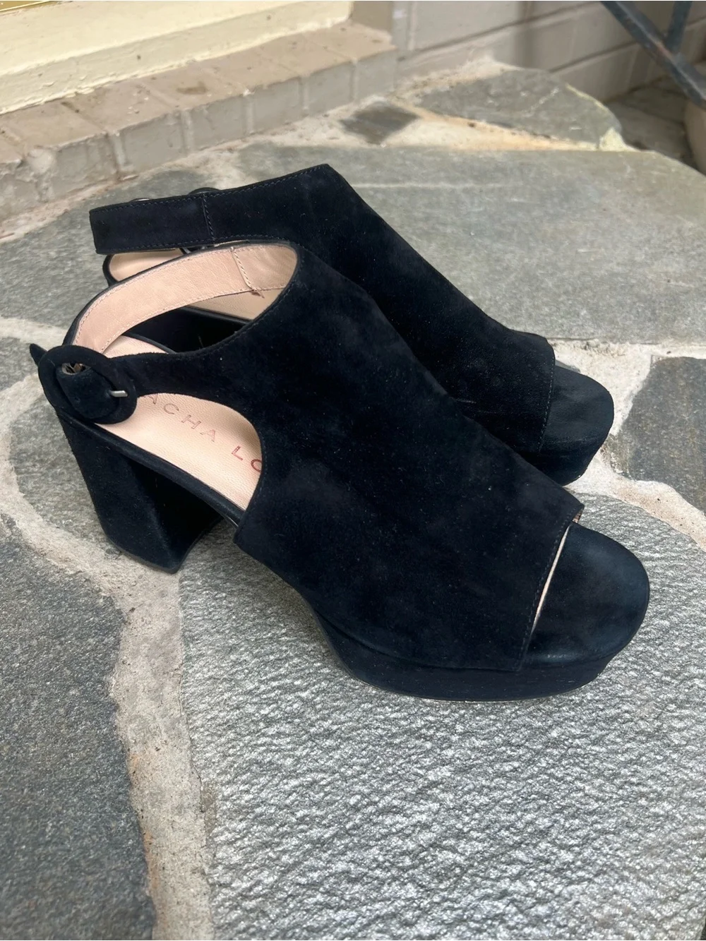 Sacha London Black Suede Peep-Toe Slingback Platform Heels